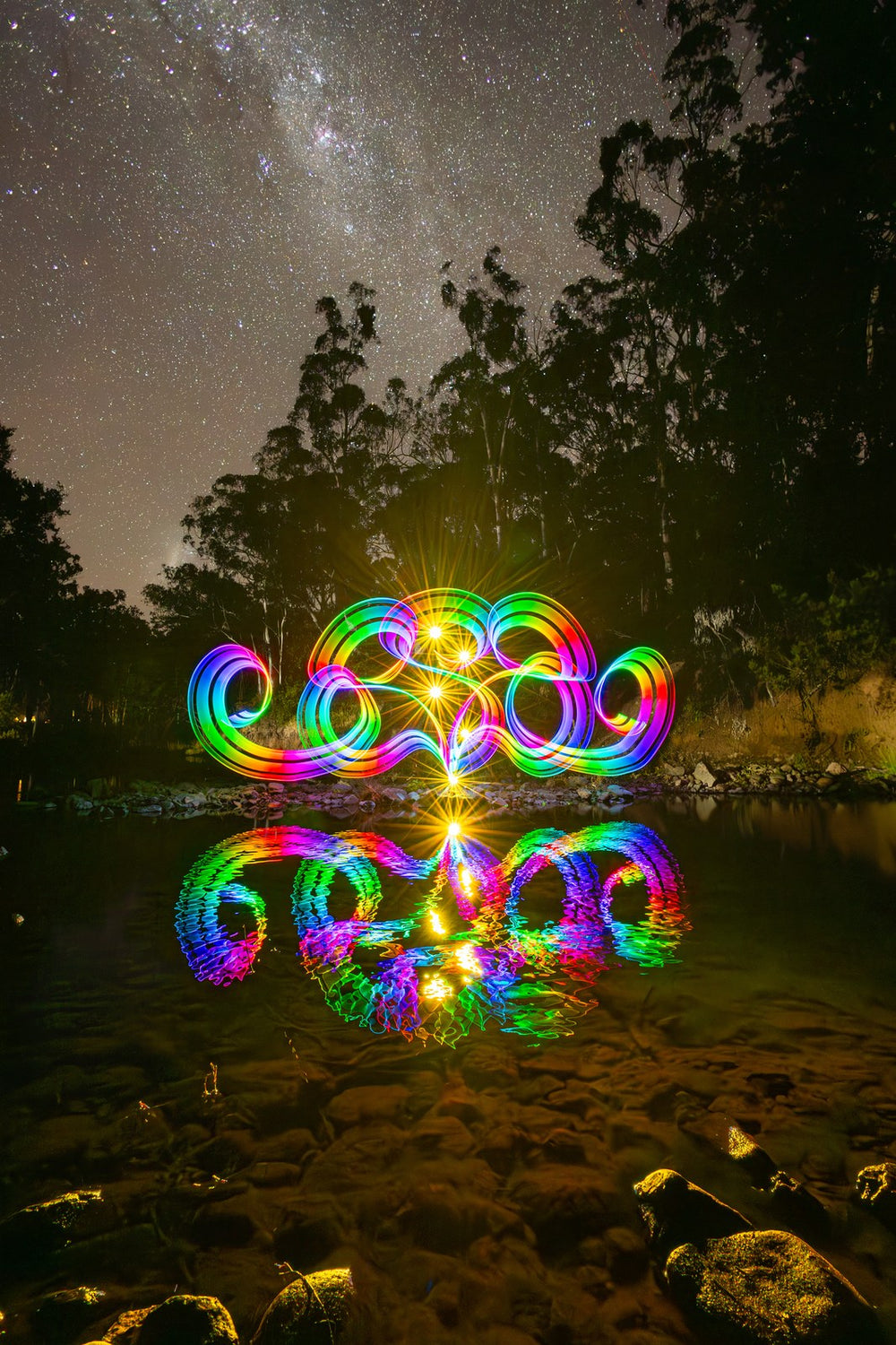 Rainbow light painting orb reflected in a creek beneath the Milky Way. Photo: Stephen Knight.