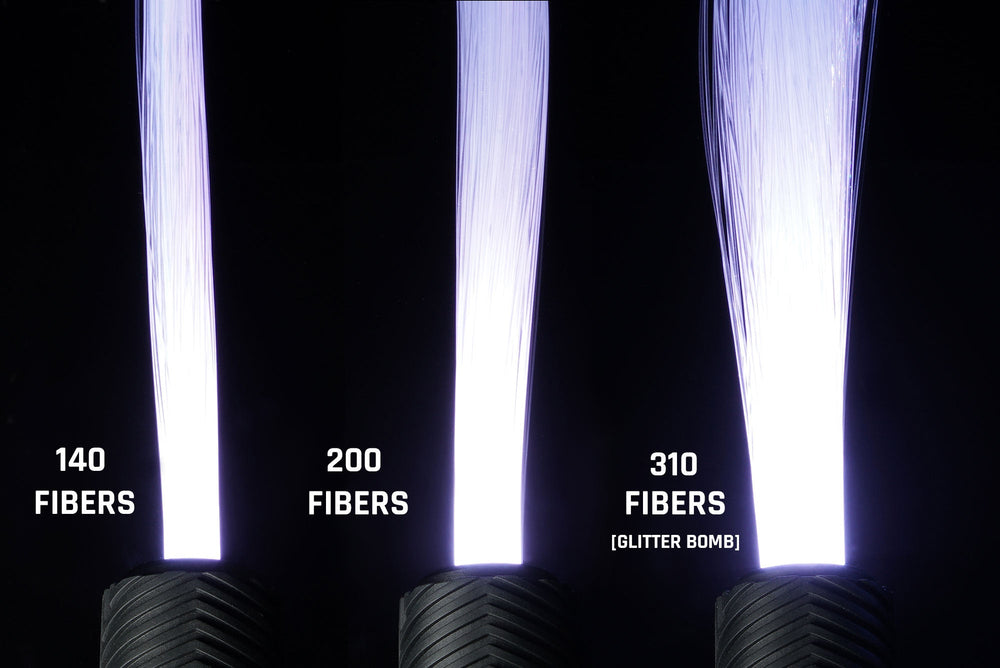 Three BitWhip fiber heads lit side by side, labelled 140, 200 and 310 fibers
