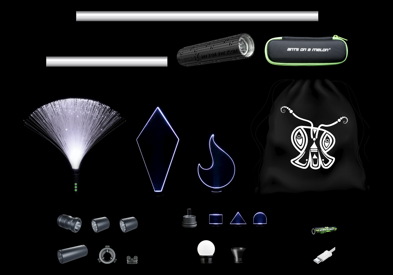 Every item in the Light Painting Starter Kit laid out to scale: flashlight, tubes, blades, duster, orb, adapters, battery, cable, travel case and bag