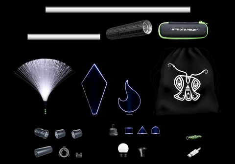 Every item in the Light Painting Starter Kit laid out to scale: flashlight, tubes, blades, duster, orb, adapters, battery, cable, travel case and bag