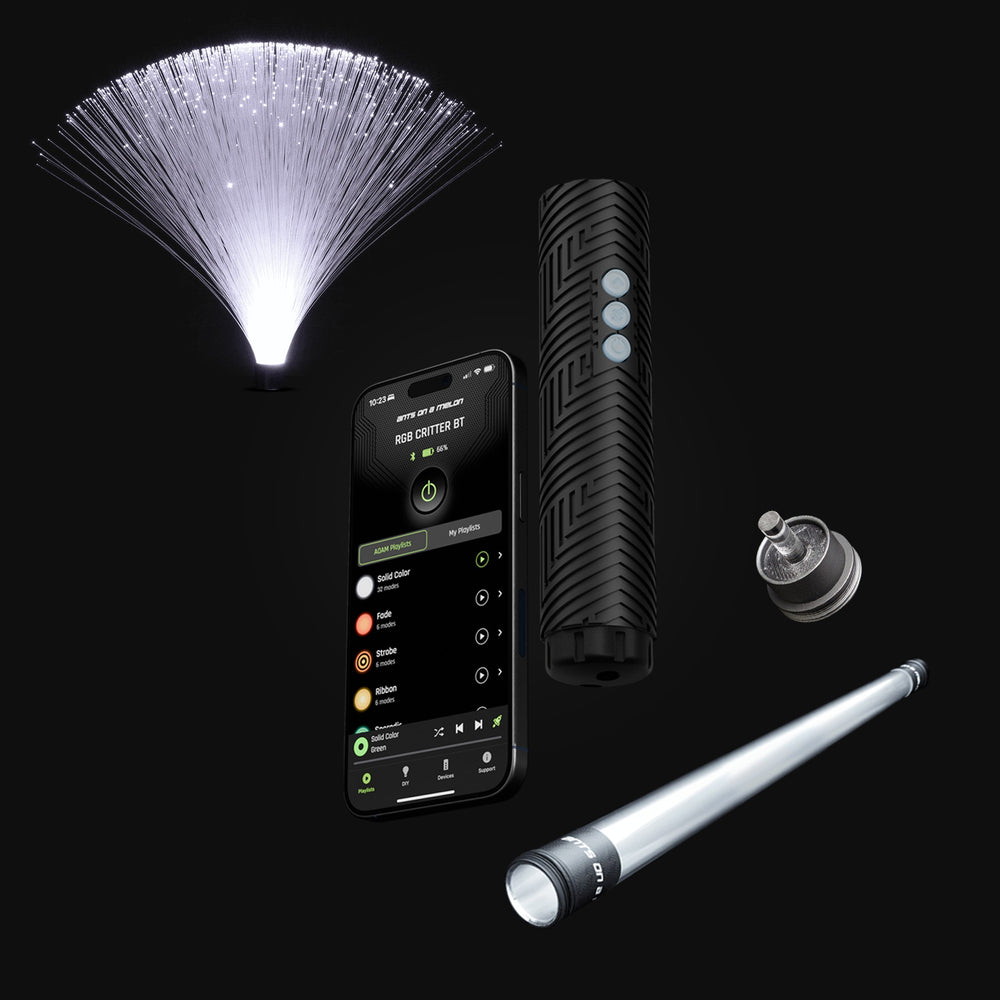 RGB Critter BT flashlight with the app, a fiber optic fan, an orb and a tube