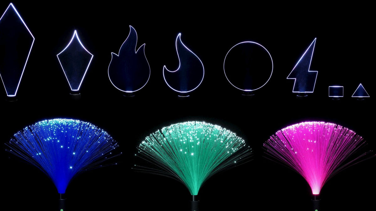 Light Painting Kit Pro tools glowing: acrylic blades over blue, teal and pink fiber optic brushes