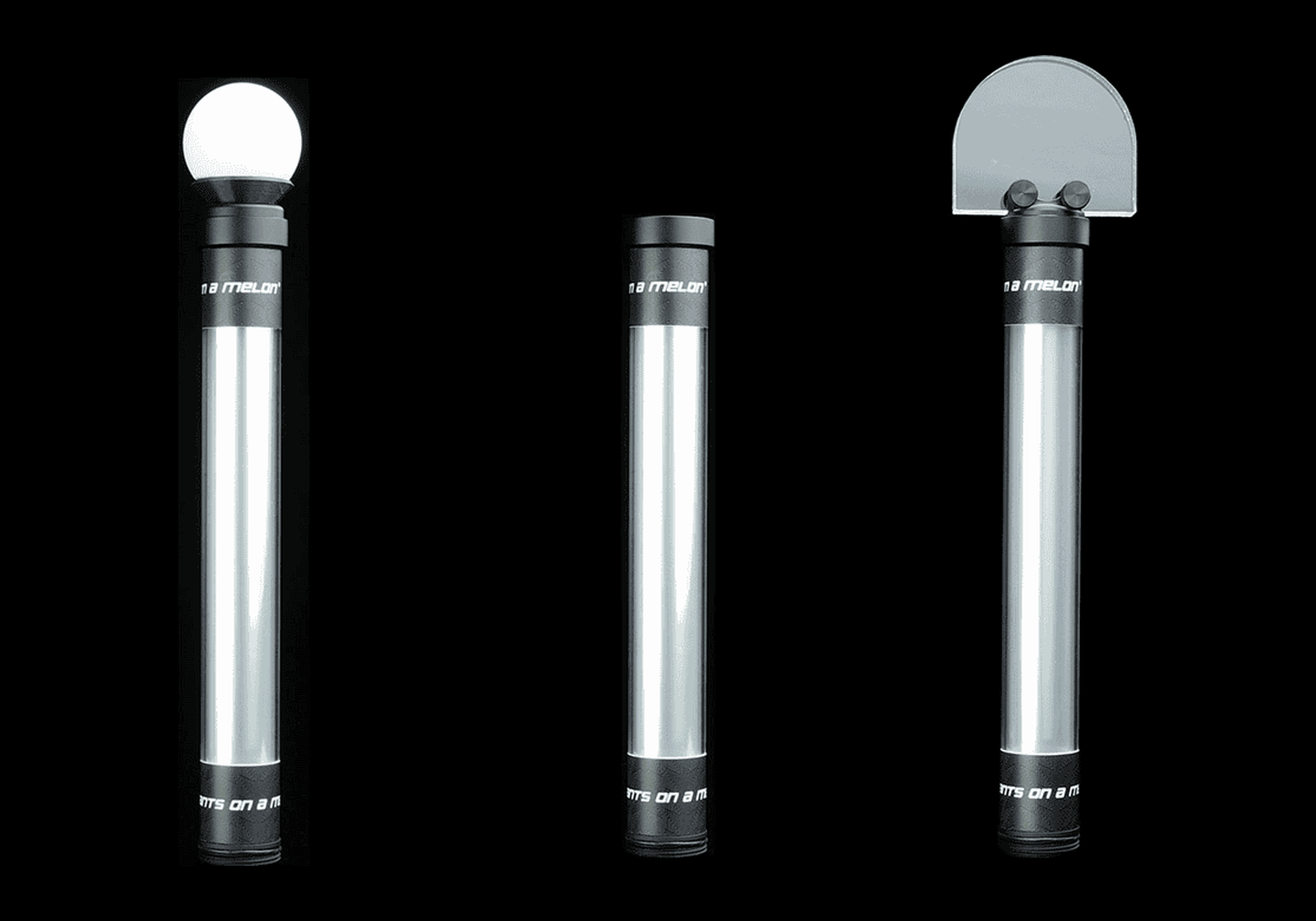 Light Painting Tube shown with three interchangeable tops: orb diffuser, plain tube and half-dome