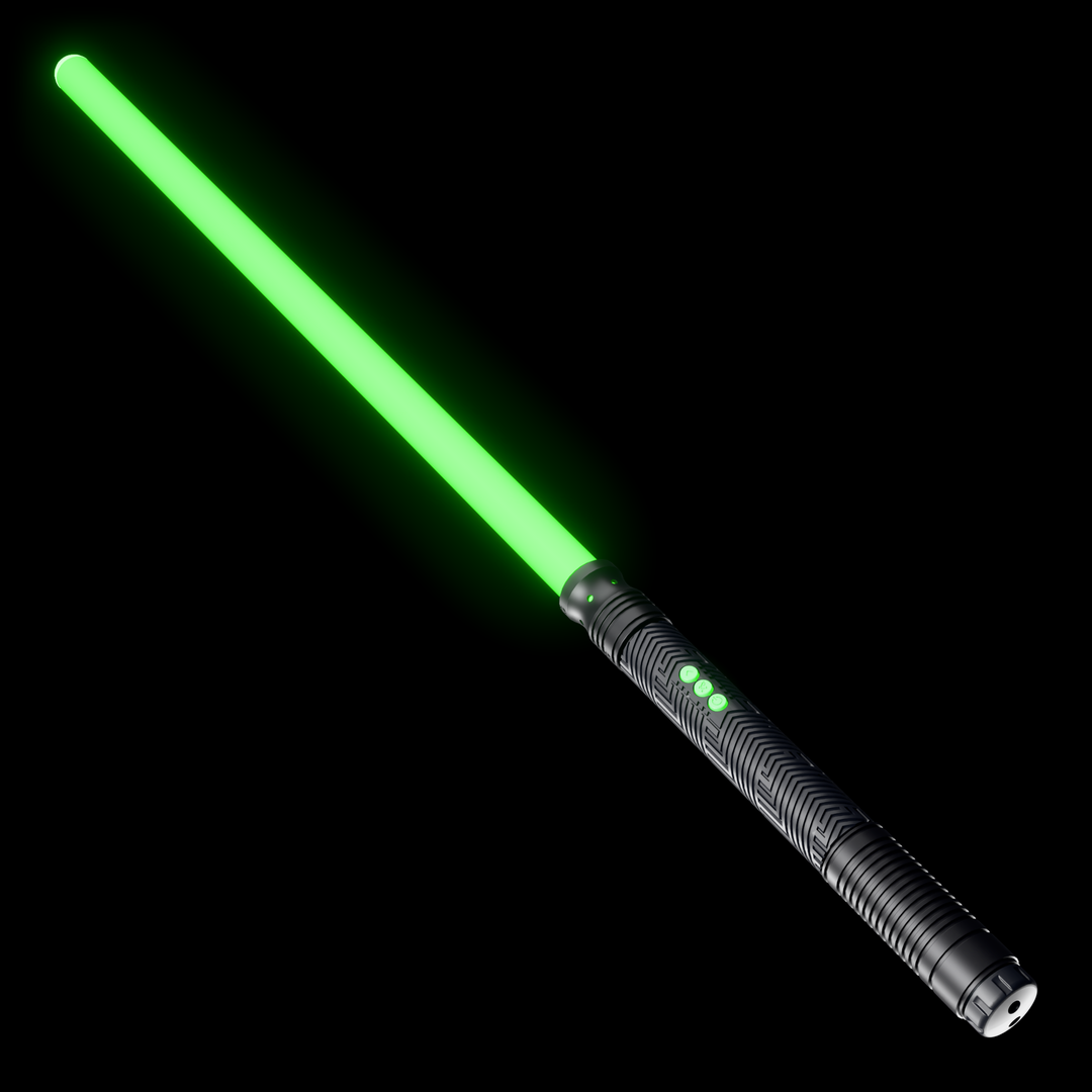 Sol light saber lit green: RGB Critter BT handle with a glowing Sol saber tube and the white Saber Twist-On Cap on the tip