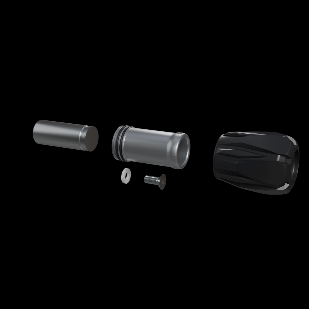 Flow Cap Counterweight Kit parts laid out: aluminum weight, threaded tube and black end cap