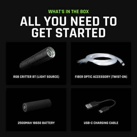 What's in the box: RGB Critter BT light source, twist-on fiber optic accessory, 2500mAh 18650 battery and USB-C charging cable