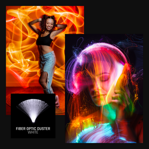Fiber optic duster light painting examples: glowing orange and rainbow light trails around a model