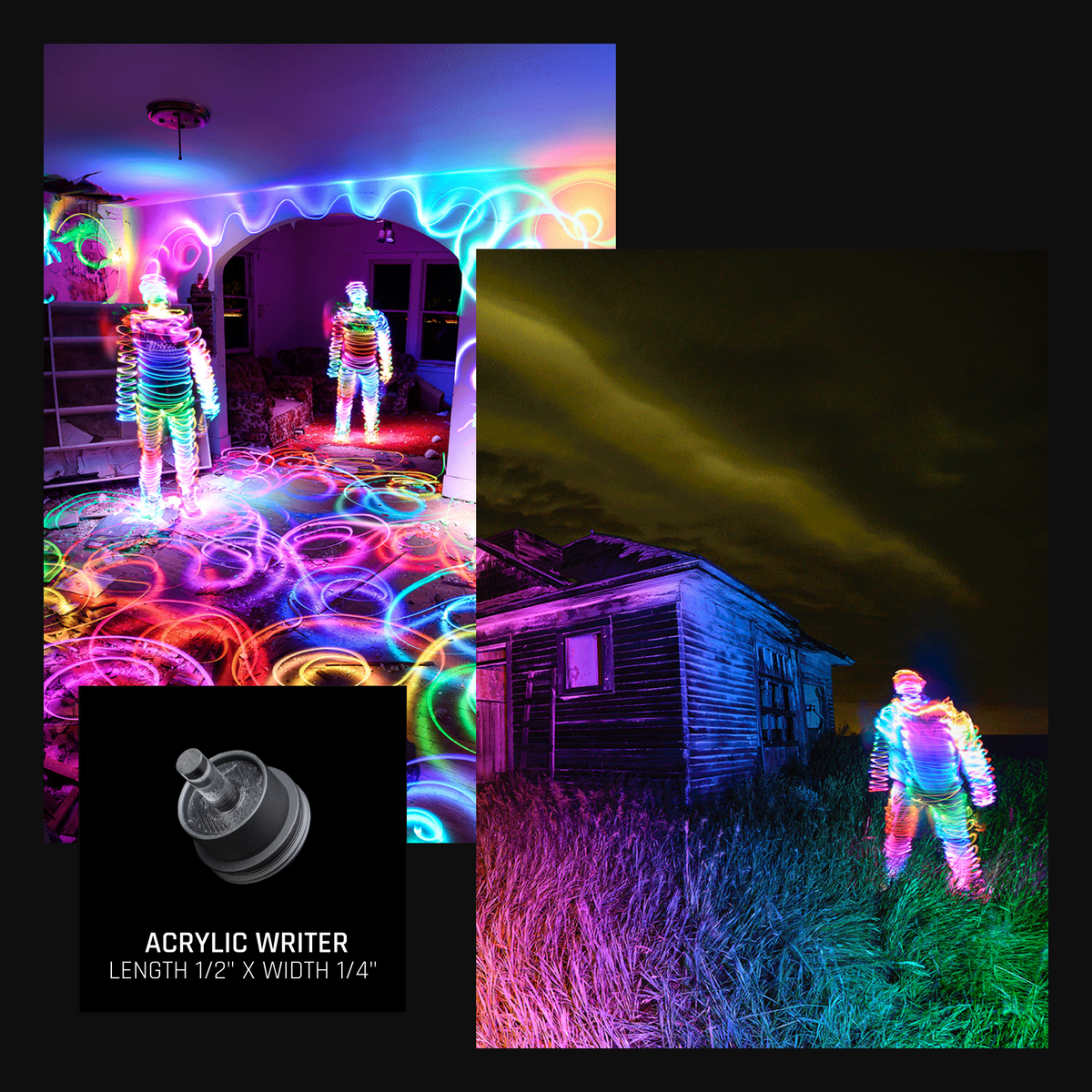 Acrylic Writer light painting examples: rainbow light trails around figures indoors and beside a cabin at night