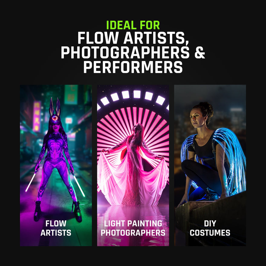 BitWhip fiber optic whip in use by flow artists, light painting photographers and LED costume makers