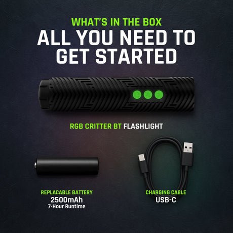 In the box with the RGB Critter BT: 2500mAh replaceable battery and USB-C charging cable
