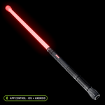 Contact Saber Kit lit red: 24 inch saber tube with a clear Flow Cap at the tip, RGB Critter BT handle with two Saber Hilt Extensions and the Flow Cap Counterweight Kit under a black Flow Cap at the rear. App control on iOS and Android.
