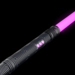 One end of the LED Staff Kit: RGB Critter BT light engine with magenta-lit buttons, the black tube adapter and a glowing magenta Sol tube