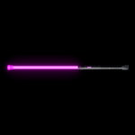 Contact Saber Kit side profile lit magenta, showing the full assembled length of about 39 inches, from the clear Flow Cap at the tip to the two Saber Hilt Extensions and counterweighted black Flow Cap at the rear