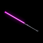 Contact Saber Kit side profile lit magenta, showing the full assembled length of about 39 inches, from the clear Silicone Saber Cap at the tip to the two Saber Hilt Extensions and counterweighted black Silicone Saber Cap at the rear