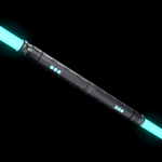 LED Staff Kit handle lit cyan: two RGB Critter BT light engines joined back to back on the Critter Connector, black textured grips with cyan-lit buttons, tube adapters at each end and glowing Sol tubes