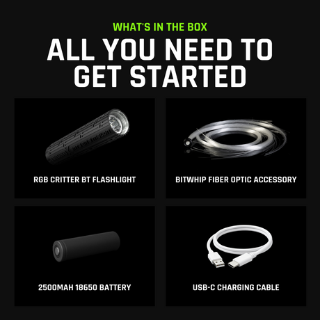 What's in the box: RGB Critter BT Light Engine, BitWhip fiber optic accessory, 2500mAh battery and USB-C charging cable