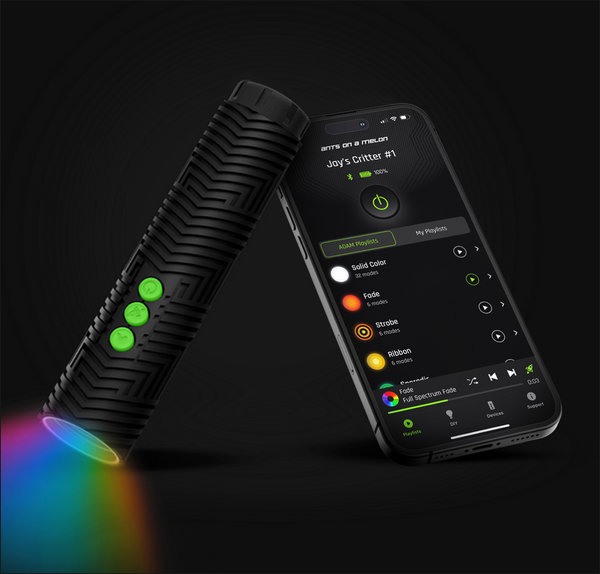 RGB Critter BT color-changing light engine with app control, USB-C charging, and twist-on accessory threads