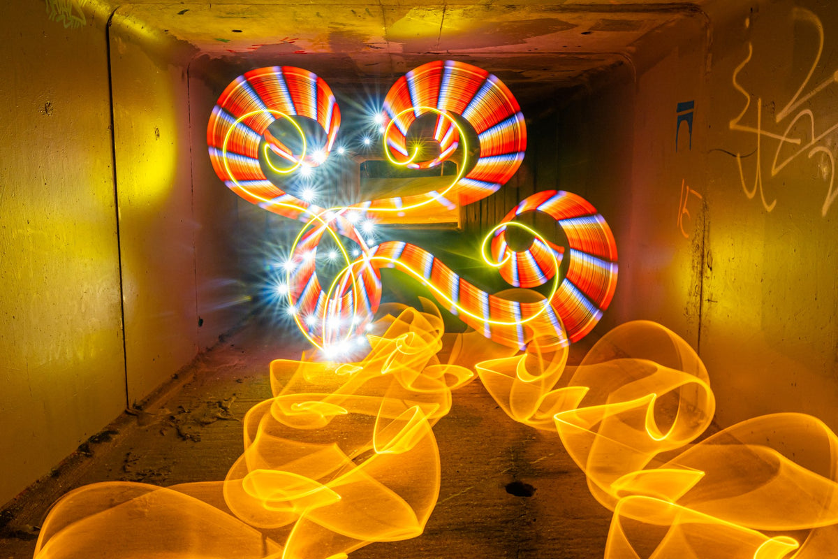 Long exposure light painting by Stephen Knight in a concrete tunnel