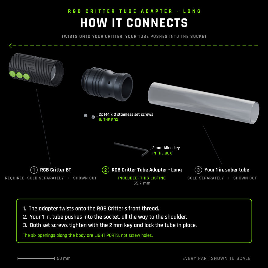 Exploded view to scale: the RGB Critter Tube Adapter - Long twists onto the RGB Critter&