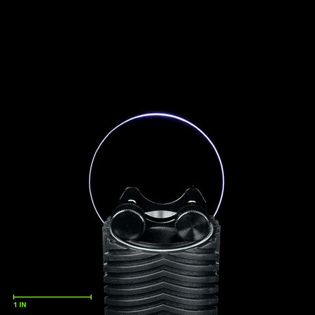 Baby Circle Blade clamped in the Light Painting Blade Holder on an RGB Critter BT Light Engine, thumbscrews tightened, shown to scale. Blade is 2 in (5 cm) long