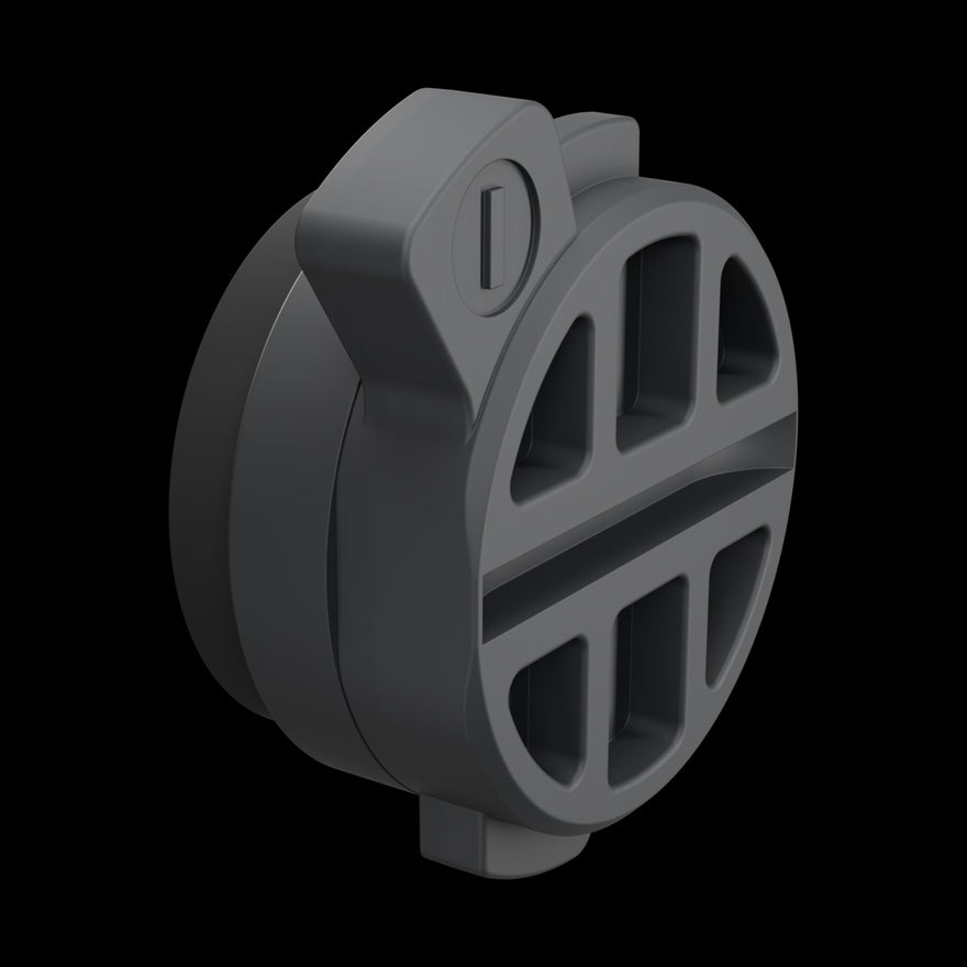 RGB Critter Battery Door, fully assembled, three-quarter view of the ribbed outer face and locking tab, on black.