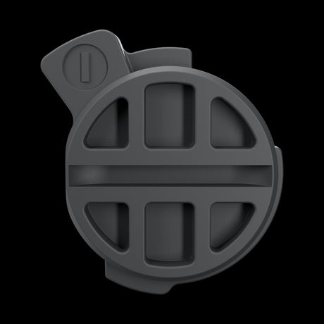 Battery Door straight on: ribbed outer face with the locking tab and its slot, on black.