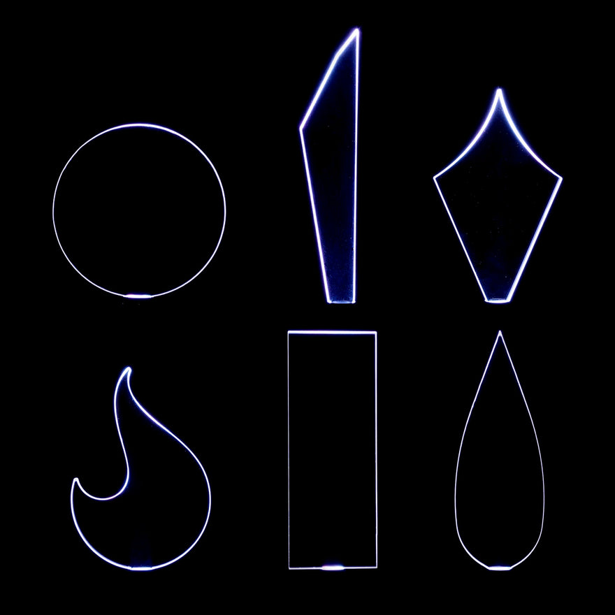Best Seller Blade Pack: six lit acrylic light painting blades drawn to scale, Circle, Digital Feather (Short), Spade, Solar Flare, Rectangle and Feather