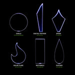 Best Seller Blade Pack blades labelled with real sizes: Circle 6 in (15 cm) across, Digital Feather 9 in (23 cm), Spade 7 in (18 cm), Solar Flare 6.7 in (17 cm), Rectangle 8 in (20 cm), Feather 8 in (20 cm)
