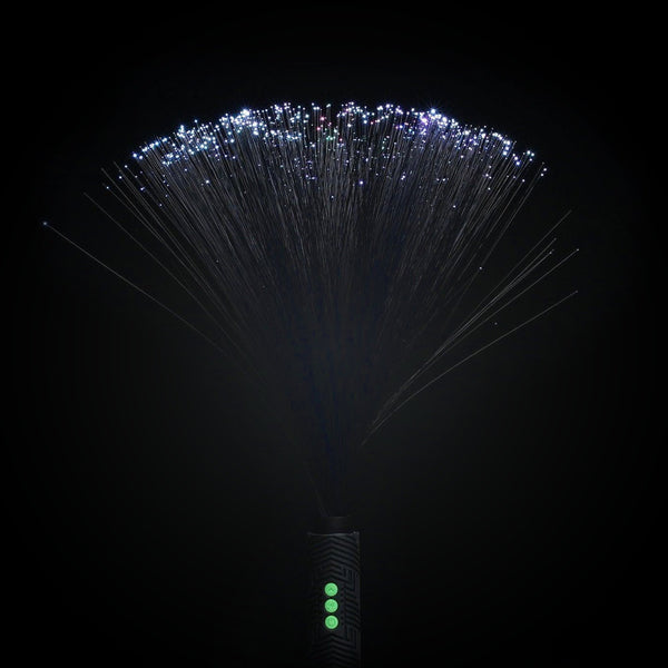 Black fiber optic duster designed for creating vibrant light trails in light painting photography, perfect for long exposure and creative visual effects.
