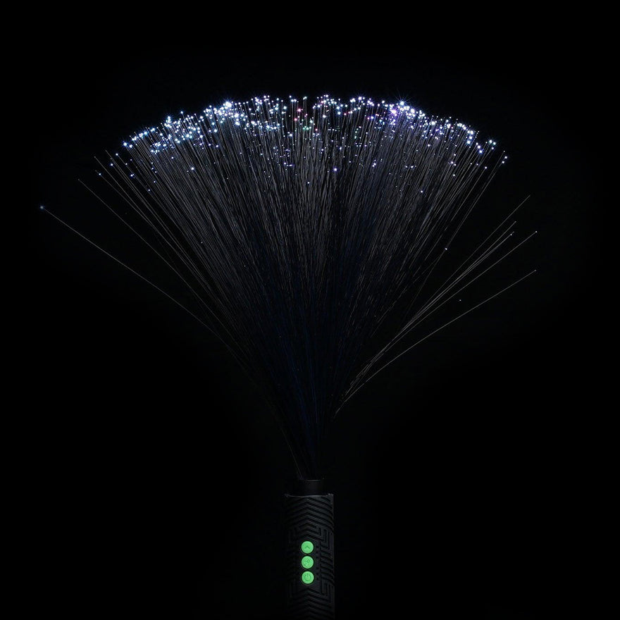 Black fiber optic duster designed for creating vibrant light trails in light painting photography, perfect for long exposure and creative visual effects.