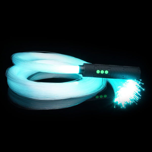 Fiber optic costume accessory glowing teal with the RGB Critter BT flashlight