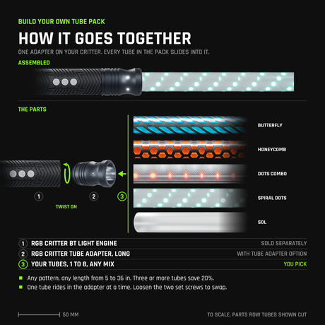 How the Build Your Own Tube Pack goes together, drawn to scale. Top, assembled: an RGB Critter BT Light Engine with the RGB Critter Tube Adapter - Long twisted on and a Spiral Dots tube seated in it, lit. Below, the parts: the Critter (sold separately), the adapter (with the Tube Adapter option) and the five patterns you can mix, Butterfly, Honeycomb, Dots Combo, Spiral Dots and Sol, shown cut because the pack comes in any length. One tube rides in the adapter at a time.