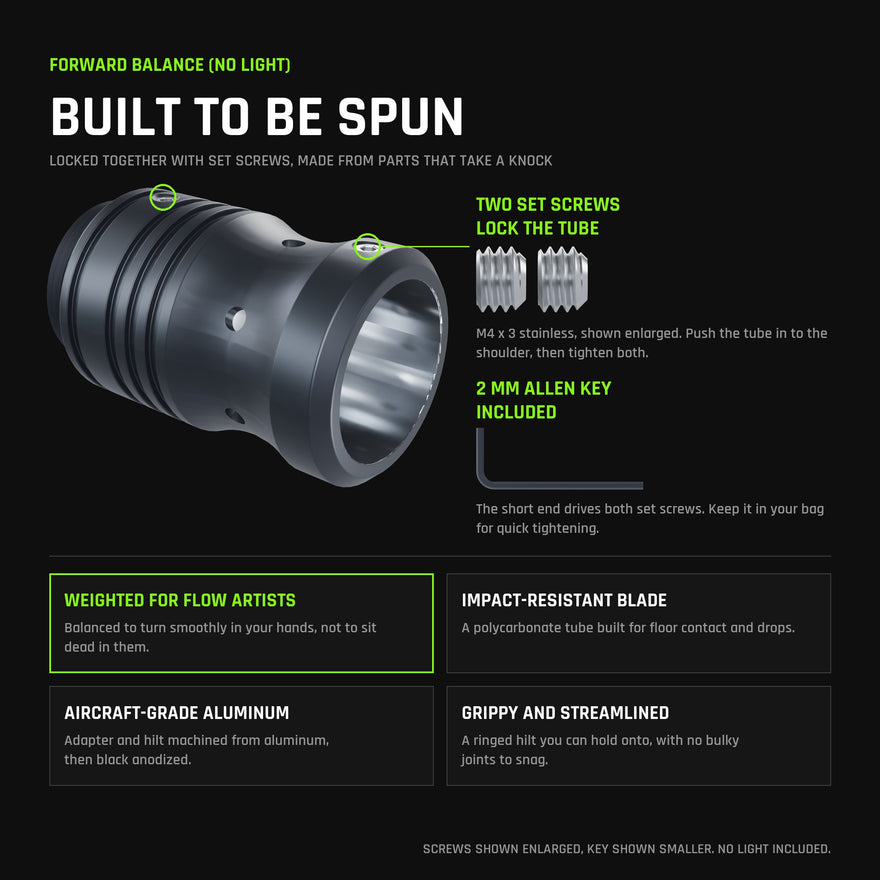 Forward Balance Contact Saber (No Light): two M4 set screws lock the tube in the RGB Critter Tube Adapter Long, 2 mm Allen key included; weighted for flow artists, impact-resistant polycarbonate blade, aircraft-grade black anodized aluminum, grippy streamlined hilt.