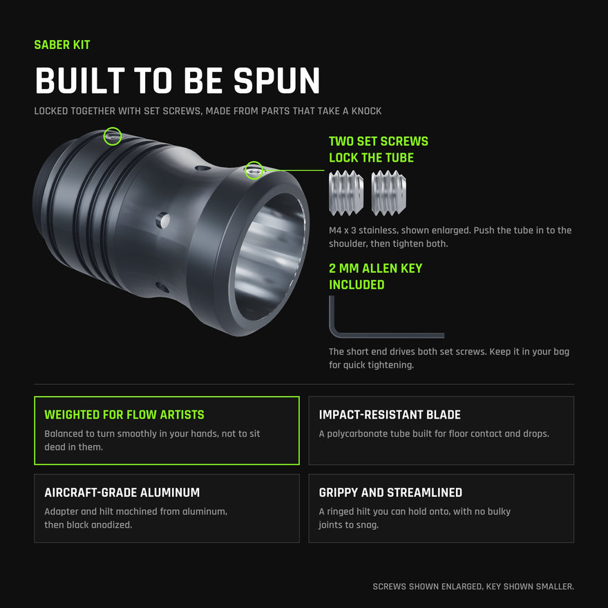 Saber Kit: two M4 set screws lock the tube in the RGB Critter Tube Adapter Long, 2 mm Allen key included; weighted for flow artists, impact-resistant polycarbonate blade, aircraft-grade black anodized aluminum, grippy streamlined hilt.
