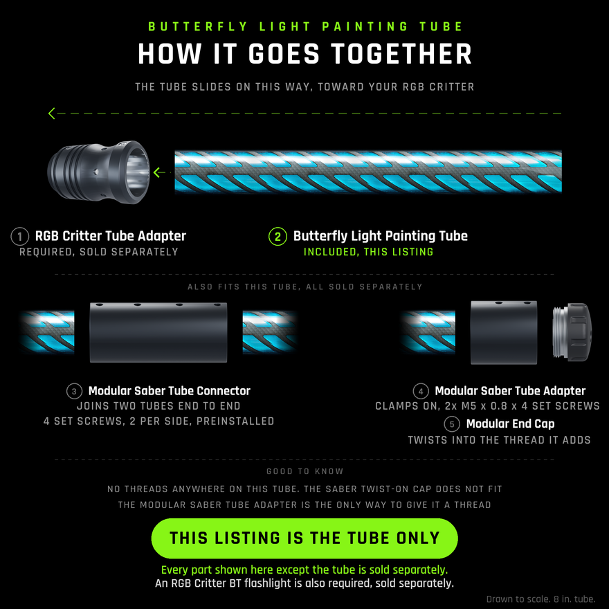Exploded view of the Butterfly Light Painting Tube, drawn to scale with an 8 inch tube. Top: the RGB Critter Tube Adapter, socket facing the tube, then the tube showing its blue butterfly blade pattern. Below, the two add-ons that fit it: the Modular Saber Tube Connector joining two tubes end to end, and the Modular Saber Tube Adapter clamping on to add a thread that takes the Modular End Cap. This tube has no threads, so the Saber Twist-On Cap does not fit. Tube only, every other part sold separately.