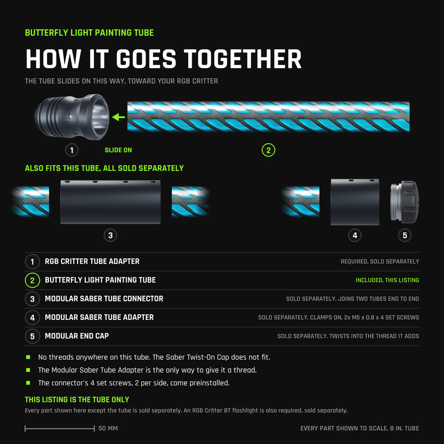 Exploded view of the Butterfly Light Painting Tube, drawn to scale with an 8 inch tube. Top: the RGB Critter Tube Adapter, socket facing the tube, then the tube showing its blue butterfly blade pattern. Below, the two add-ons that fit it: the Modular Saber Tube Connector joining two tubes end to end, and the Modular Saber Tube Adapter clamping on to add a thread that takes the Modular End Cap. This tube has no threads, so the Saber Twist-On Cap does not fit. Tube only, every other part sold separately.
