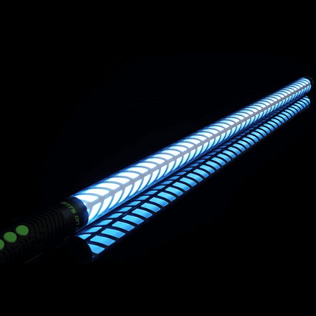  Butterfly Saber Accessory in blue connected to an RGB Critter BT flashlight, creating vibrant trails for flow arts, performances, and light painting at festivals like Burning Man. 