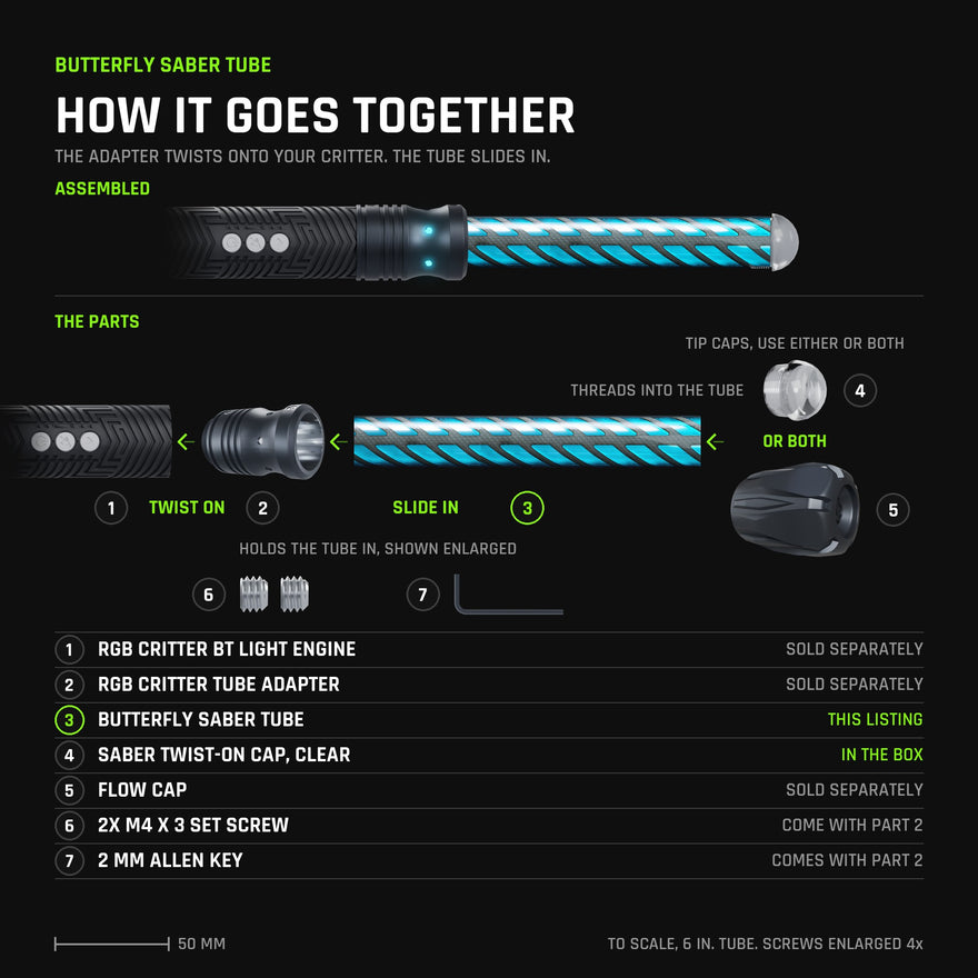 How the Butterfly Saber Tube goes together, to scale. Assembled: an RGB Critter BT Light Engine with the RGB Critter Tube Adapter twisted on, the tube seated in its socket, light ports glowing, and the Clear Saber Twist-On Cap in the tip. Below: the Critter and adapter (sold separately), the tube, the Clear Twist-On Cap in the box, the Flow Cap (sold separately), and the adapter&