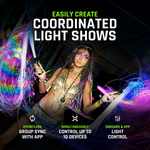 Performer spinning BitWhips in a coordinated light show with group sync and control of up to 10 devices