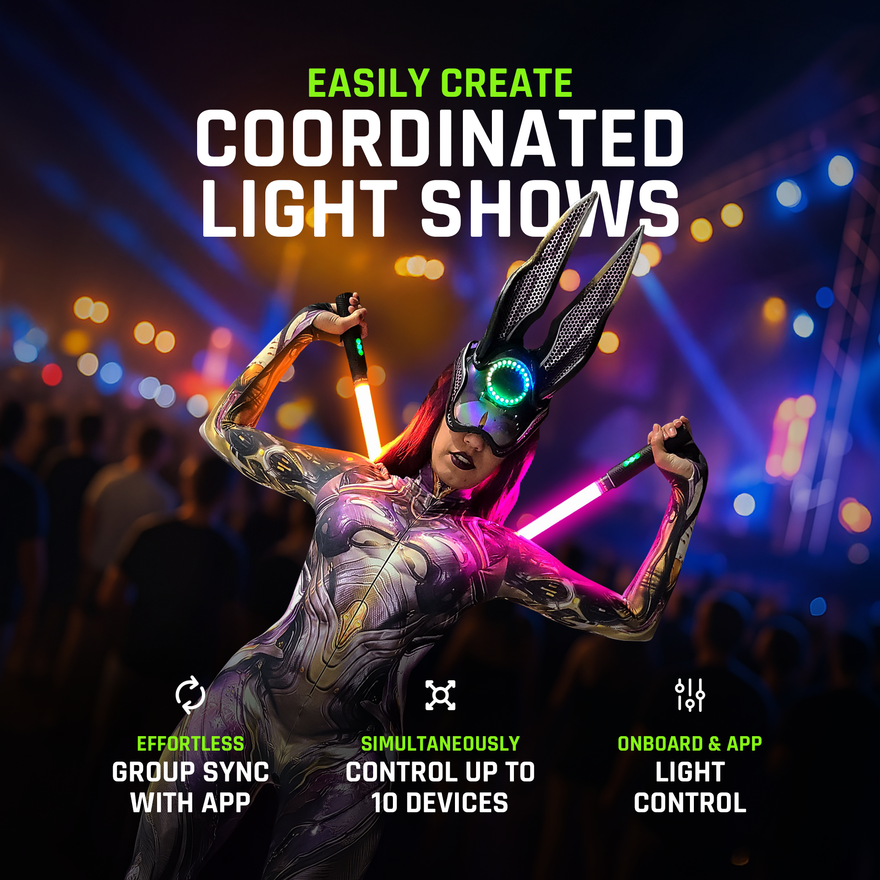 Performer creating coordinated light shows with group sync and control of up to 10 devices