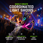 Performer creating coordinated light shows with group sync and control of up to 10 devices