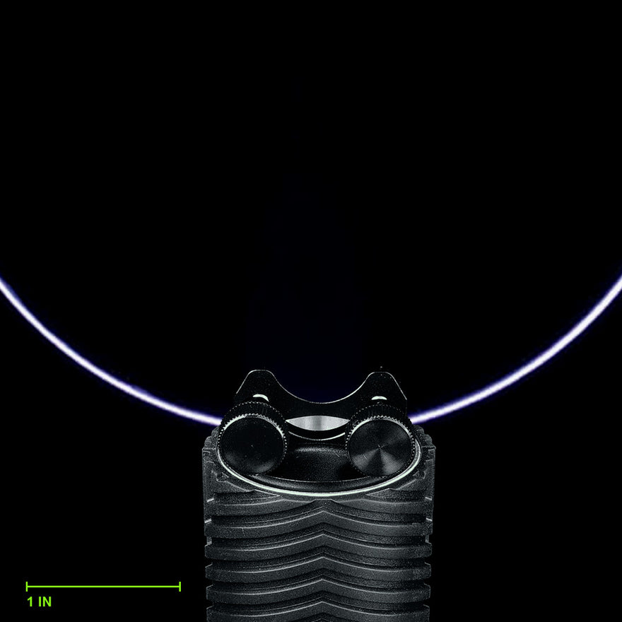 Circle Blade clamped in the Light Painting Blade Holder on an RGB Critter BT flashlight, thumbscrews tightened, shown to scale. Blade is 6 in (15 cm) long