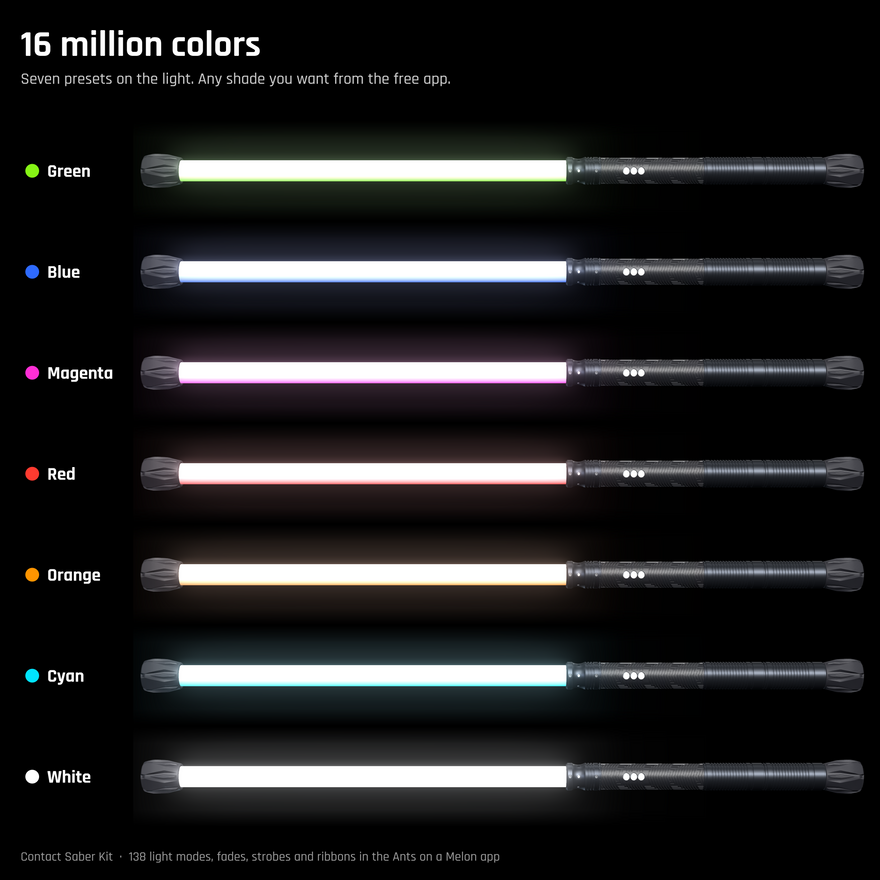 Contact Saber lit in green, blue, magenta, red, orange, cyan and white