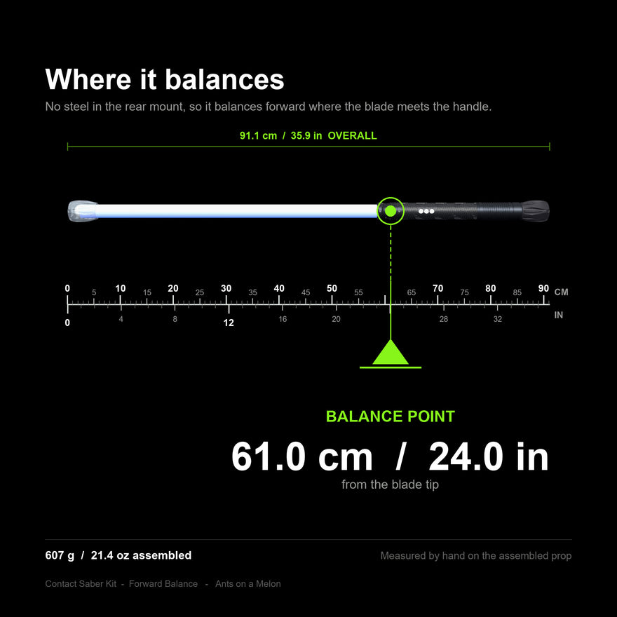 Contact Saber Kit Forward Balance balance point diagram with a to-scale centimetre and inch ruler: balance point 61 cm / 24 in from the blade tip, 91.1 cm overall, 607 g assembled