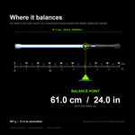 Contact Saber Kit Forward Balance balance point diagram with a to-scale centimetre and inch ruler: balance point 61 cm / 24 in from the blade tip, 91.1 cm overall, 607 g assembled