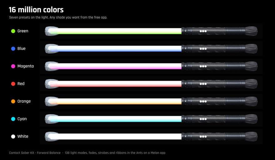 Contact Saber Kit Forward Balance shown lit in green, blue, magenta, red, orange, cyan and white
