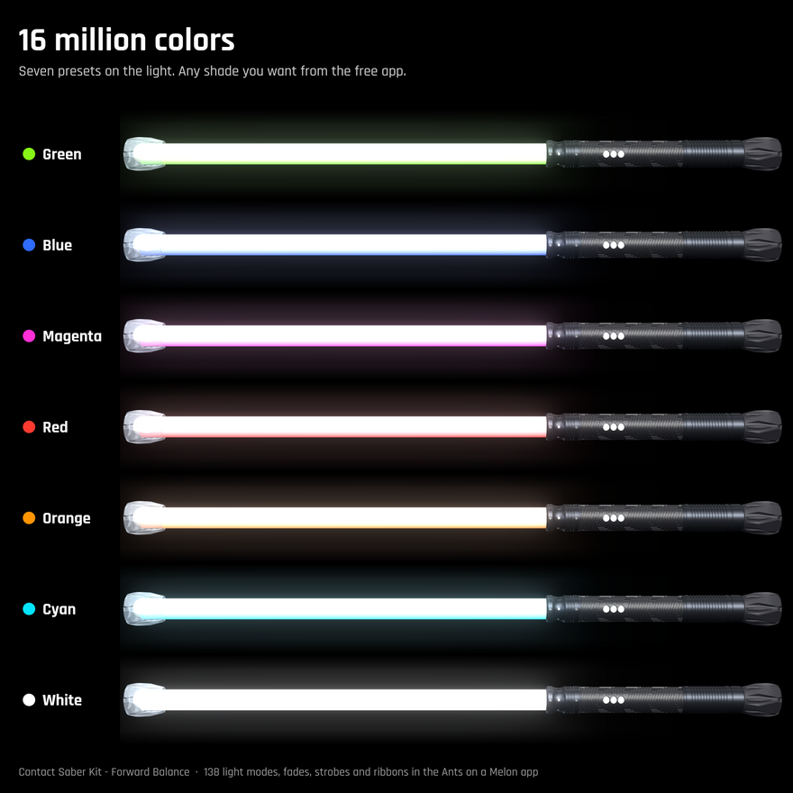 Contact Saber Kit Forward Balance shown lit in green, blue, magenta, red, orange, cyan and white