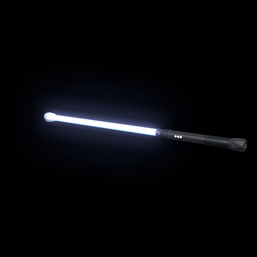 Contact Saber Kit Forward Balance assembled, 24 inch Sol blade lit blue, clear front cap, single black aluminum hilt extension and bare Flow Cap Mount at the rear