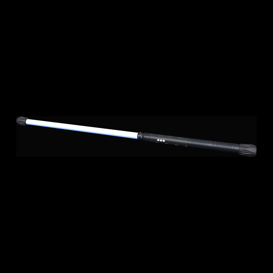 Contact Saber assembled, 24 inch Sol blade lit blue, black aluminum handle with two chained hilt extensions and rear counterweight