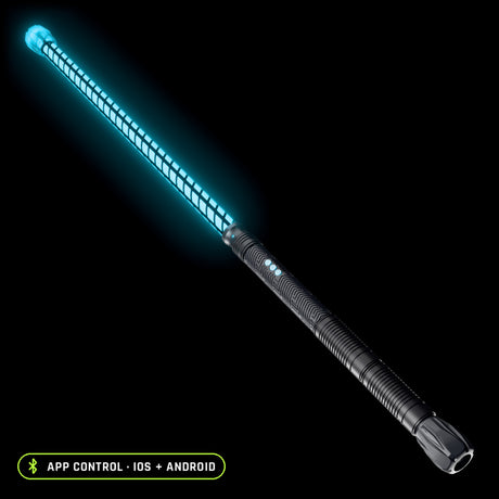 Contact Saber Kit in the Butterfly pattern, lit blue: 24 inch Butterfly saber tube with a clear Silicone Saber Cap at the tip on the RGB Critter BT light engine, controlled from the app on iOS and Android
